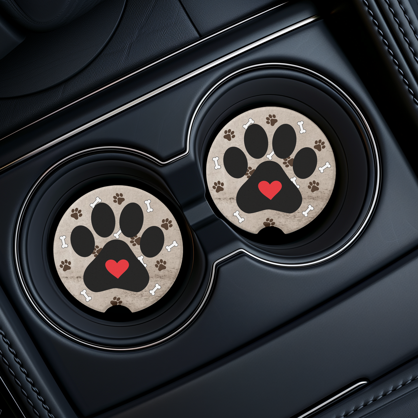 Dog Paw Car Coaster - UV Printed Ceramic Cup Holder Coaster with Red Heart & Bone Design