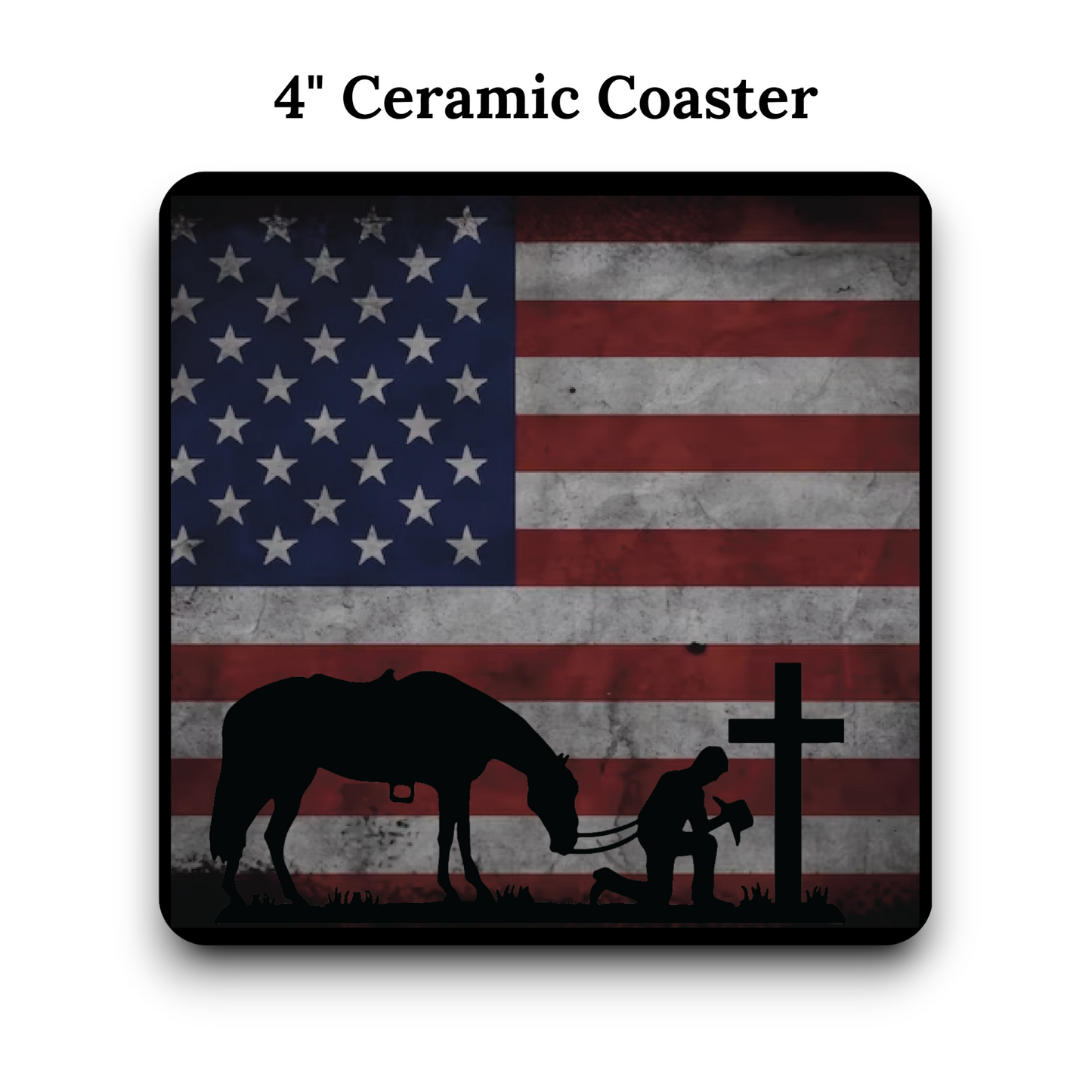 Patriotic USA Flag UV Printed 4" Ceramic Coasters - American Flag, Cowboy Prayer & Kneeling Soldier Cross Design