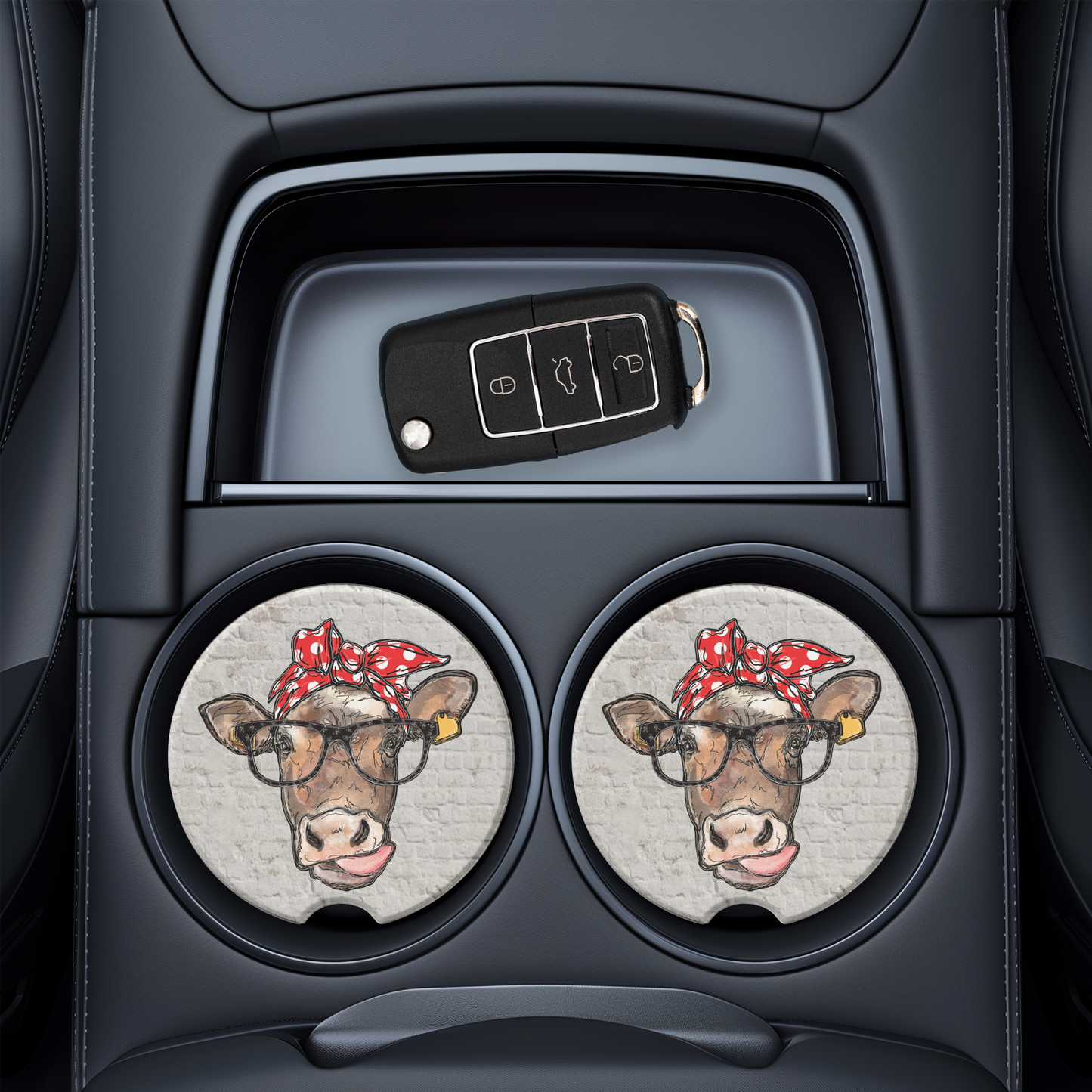 Funny Cow with Glasses & Red Bandana Car Coaster - UV Printed Ceramic
