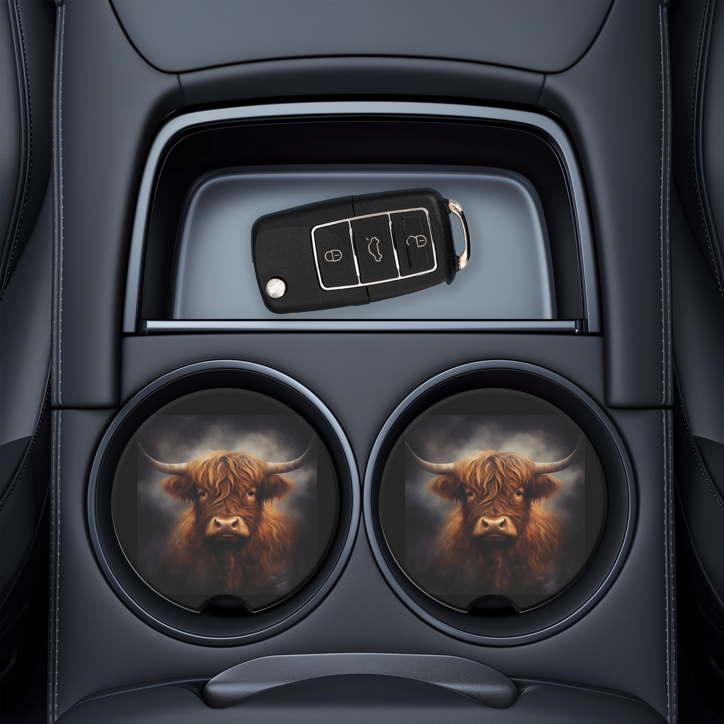 UV Printed Absorbent Ceramic Car Coaster - Highland Cow Design