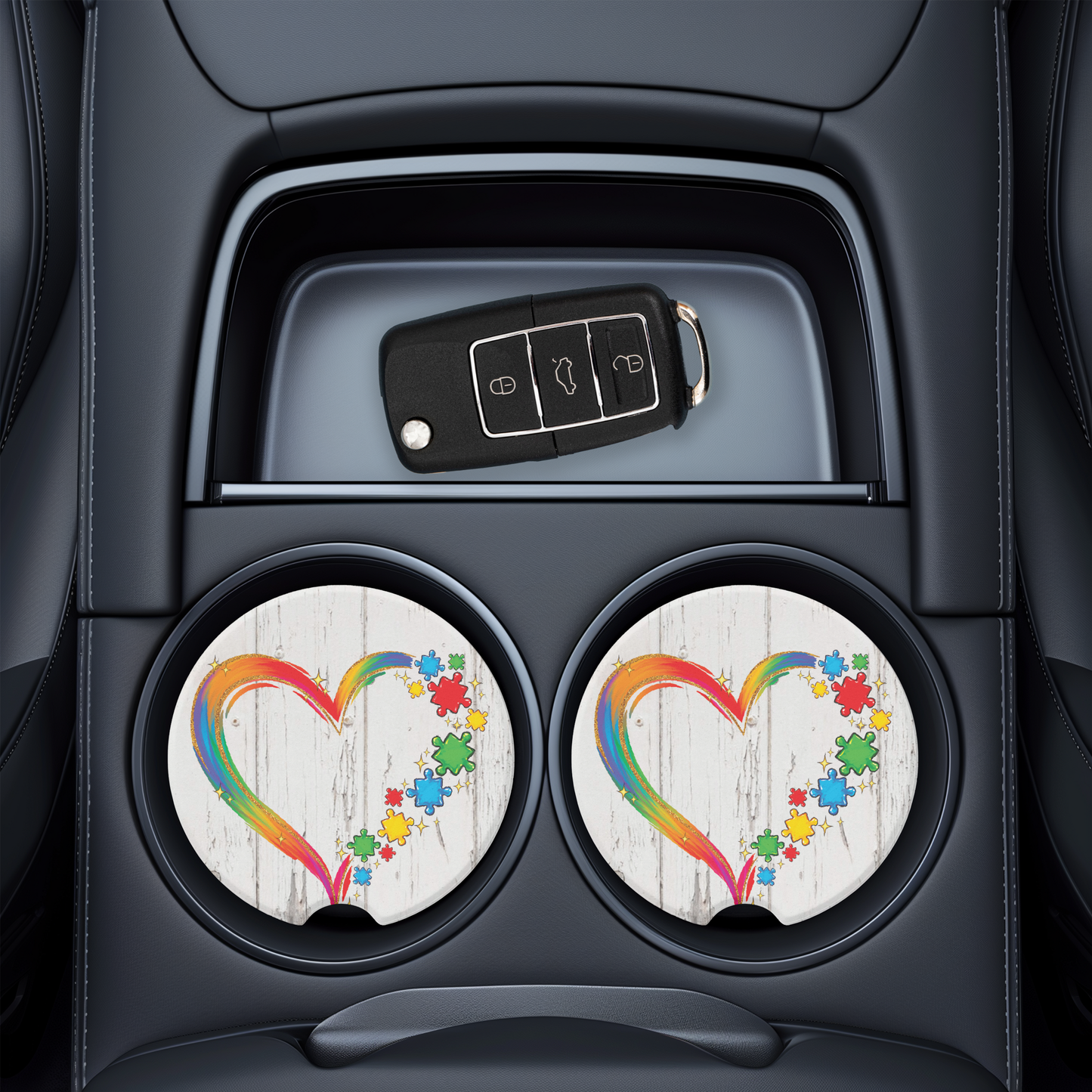 Autism Awareness Heart Car Coaster - UV Printed Ceramic Cup Holder with Puzzle Design