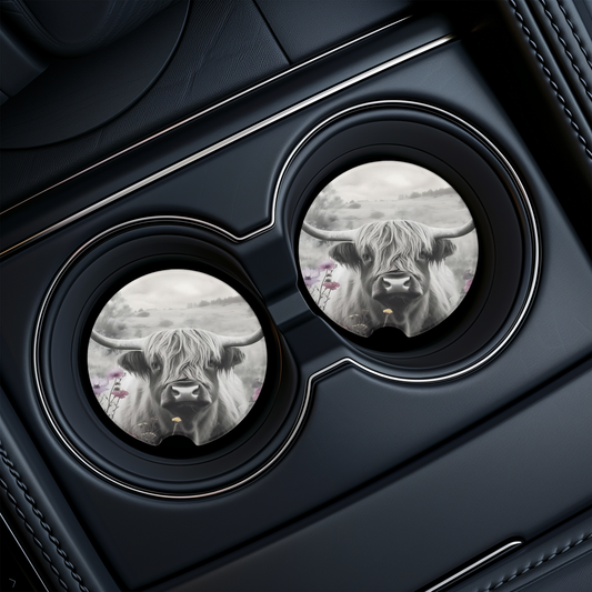Highland Cow Car Cup Holder Coaster –UV Printed Ceramic Car Coaters