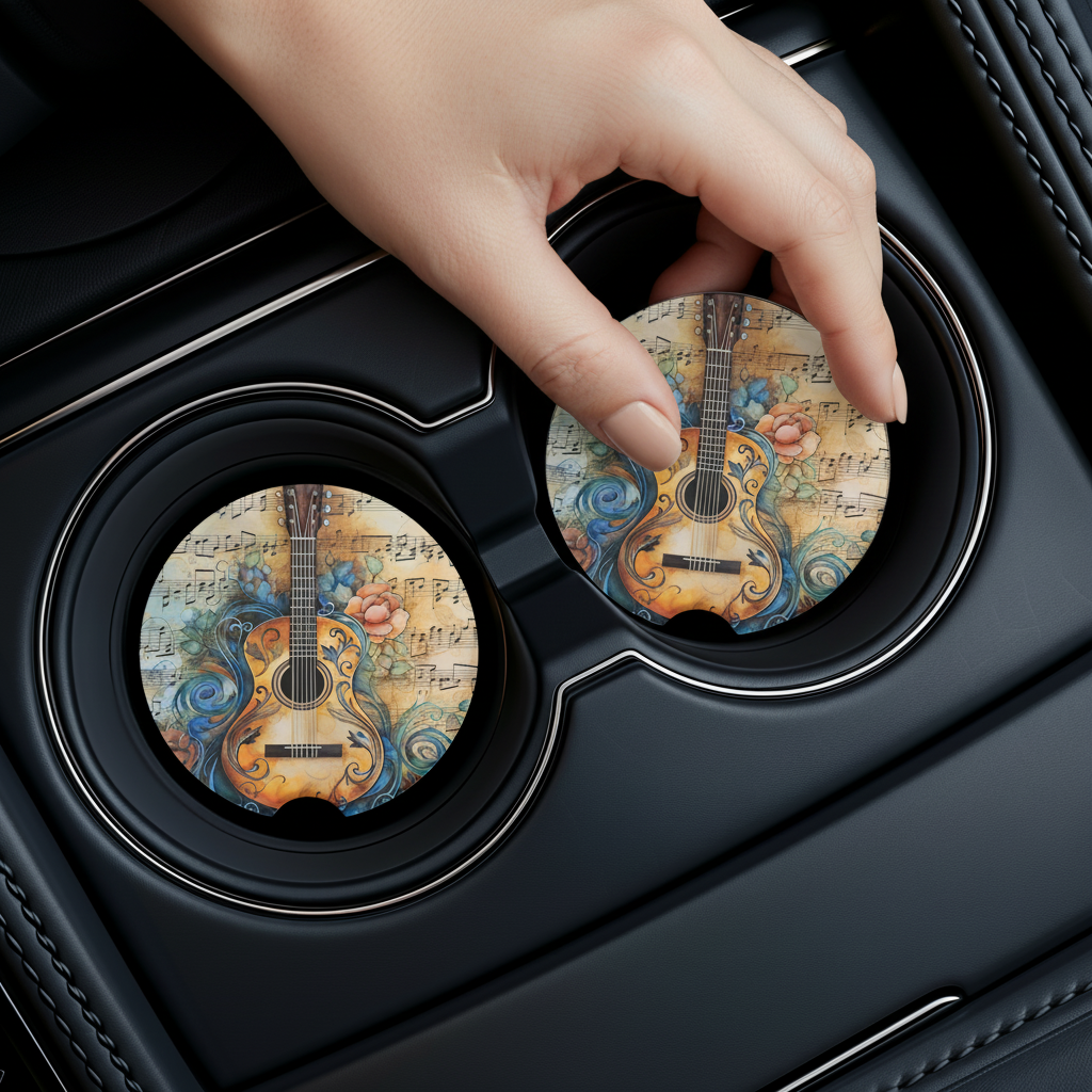 Country Guitar Car Coaster – “Just a Girl Who Loves Country Music” UV Printed Ceramic Cup Holder Insert