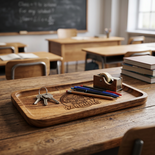 Acacia Wood Teacher Desk Organizer Tray with Engraved School Logo – Teacher Gift