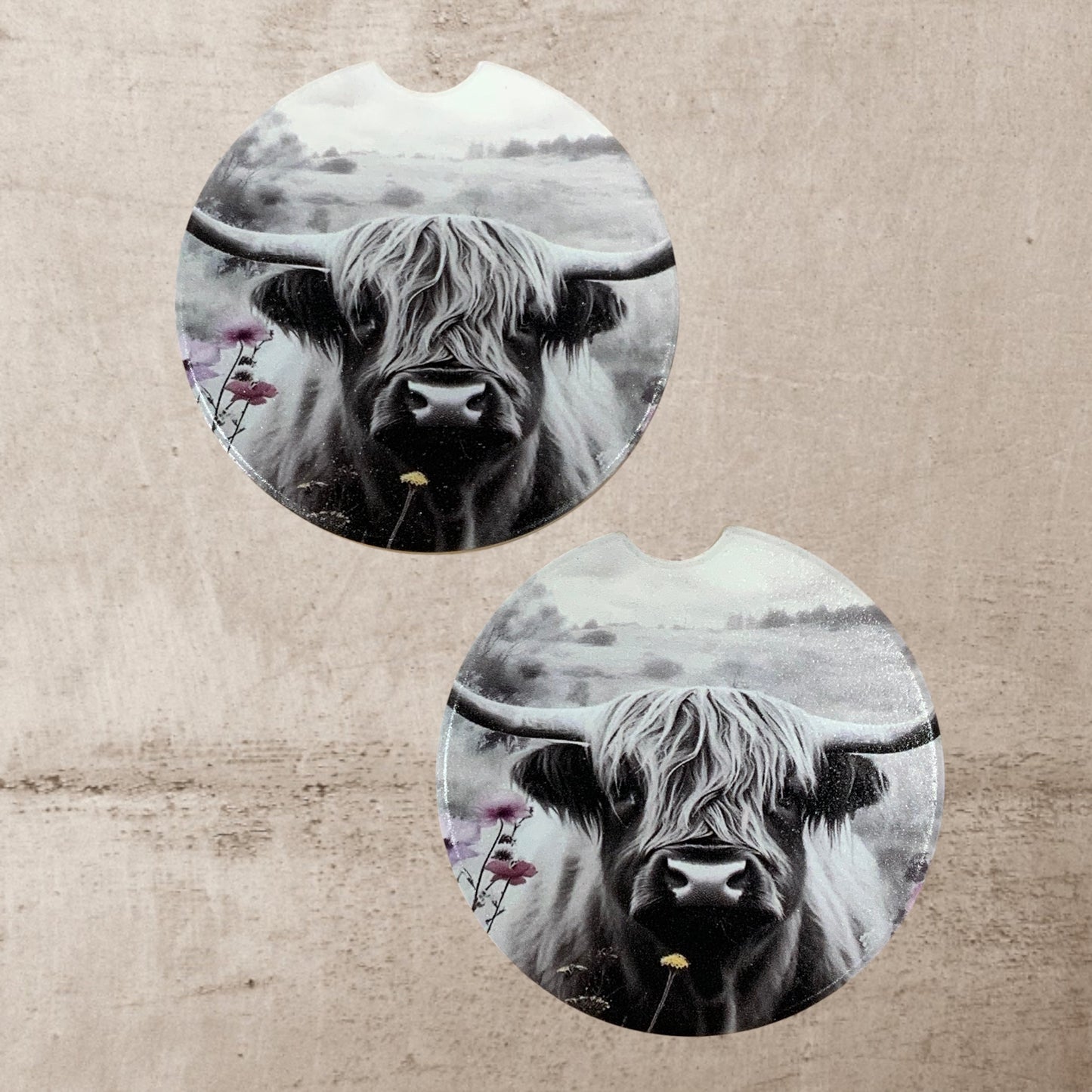 Highland Cow Car Cup Holder Coaster –UV Printed Ceramic Car Coaters