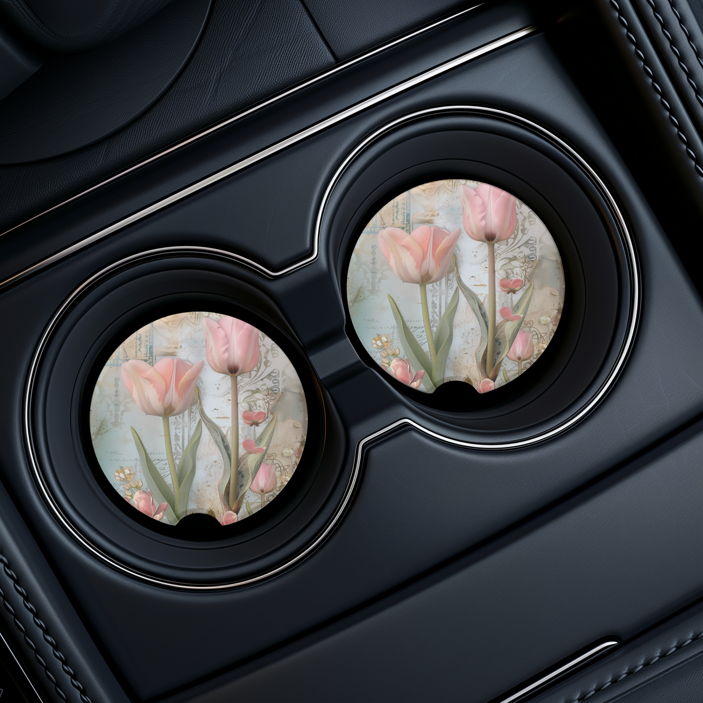 Pink Tulips Ceramic Car Coasters - UV Printed Floral Car Cup Holder Coaster Set