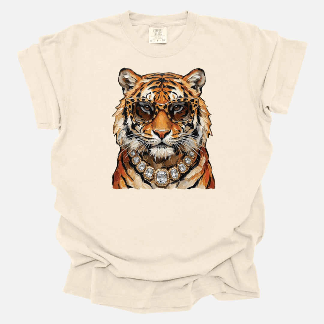 Glam Tiger Shirt – Fierce Tiger T-Shirt with Sunglasses & Diamond Necklace | Glam Graphic Tee for Animal Lovers | Ivory Comfort Colors