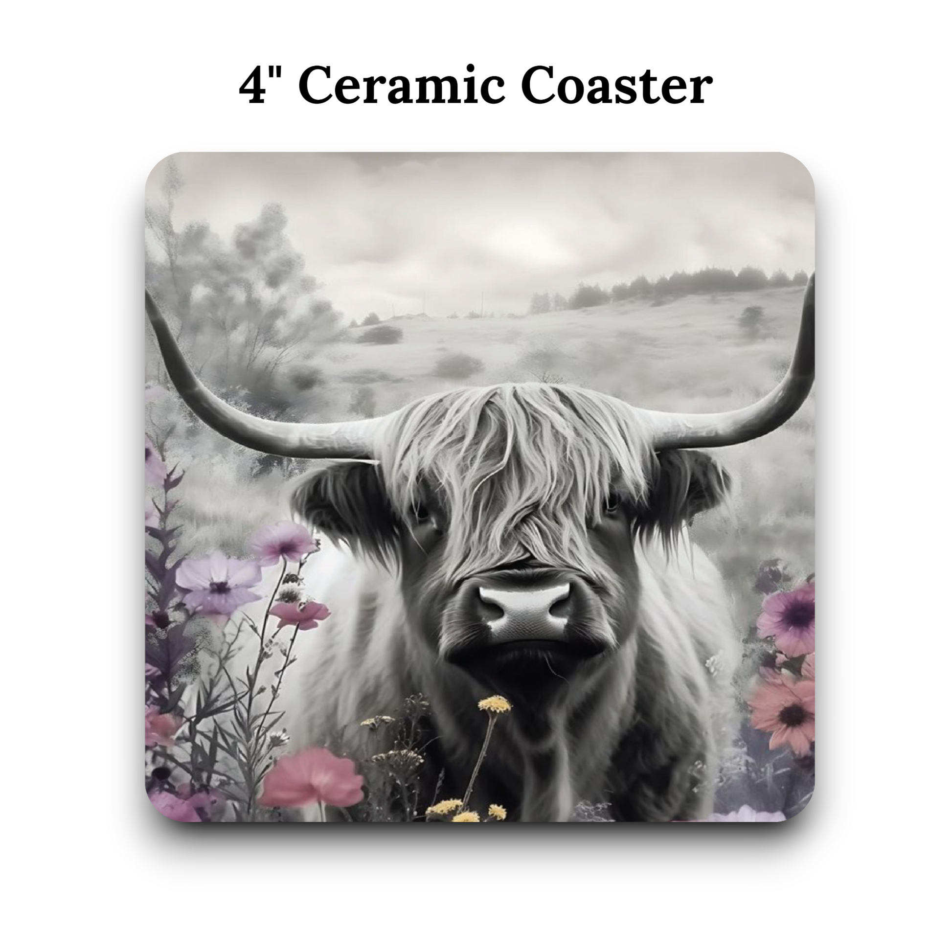 Black and White Highland Cow Pink Floral
