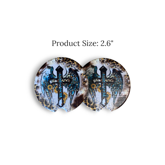 Western Cross "Faith: UV Printed Ceramic Car Coaster with Wings - Rustic Christian Accessory