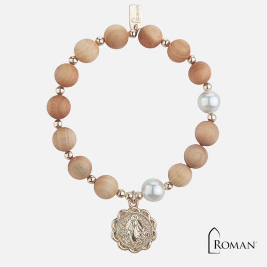 Roman Rosary Bracelet – Natural Wood Beads & Virgin Mary Medallion