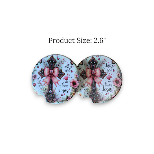 Cross with Pink Bow UV Printed Ceramic Car Coaster - "Just a Girl Who Loves Jesus" Car Accessory