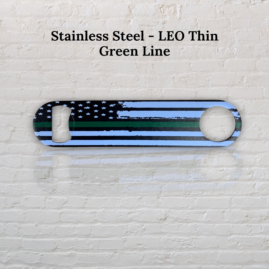 UV Printed 7" Stainless Steel Bottle Opener - USA Flag Thin Line Design | Thin Red Line, Thin Green Line or Thin Blue Line | First Responder Tribute