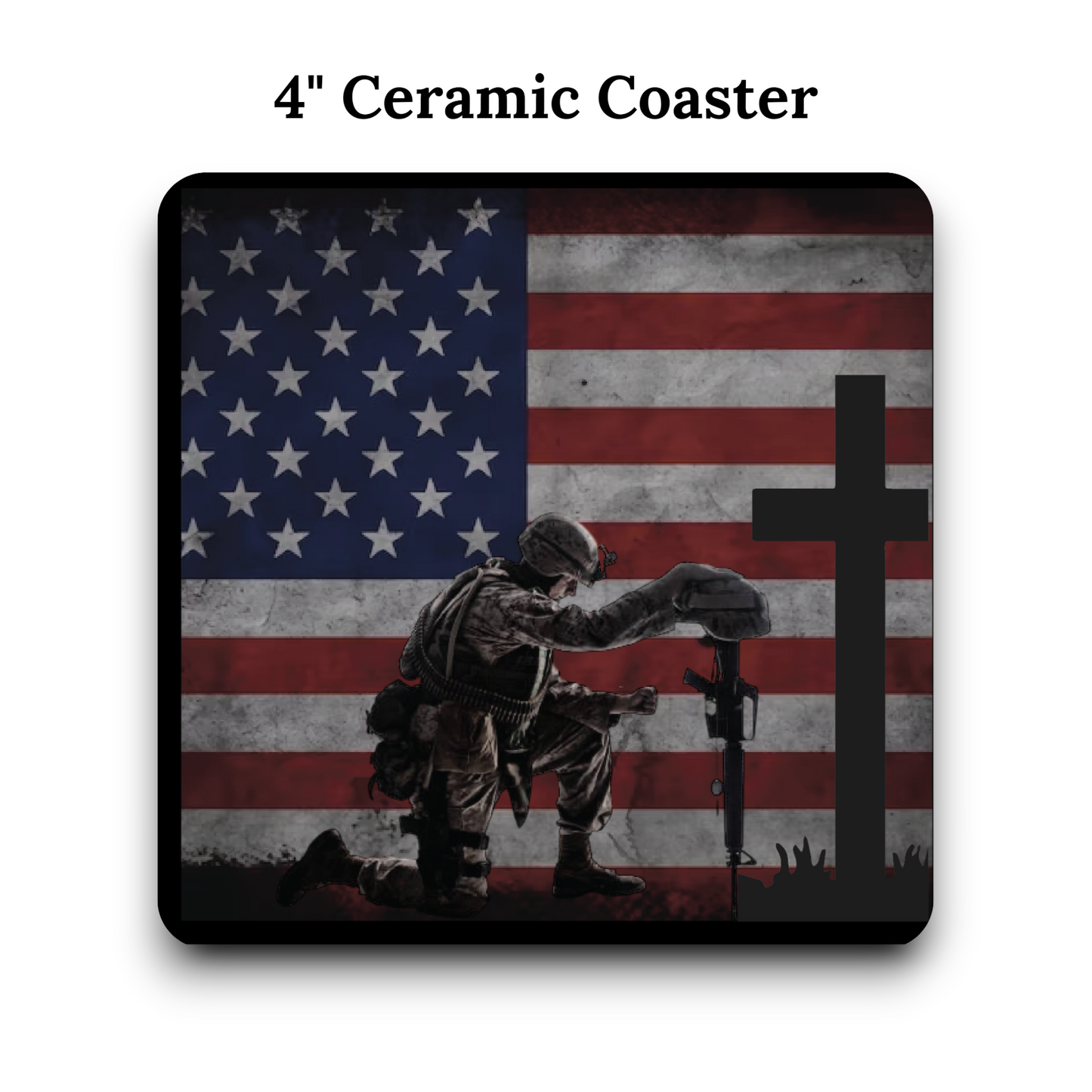 Patriotic USA Flag UV Printed 4" Ceramic Coasters - American Flag, Cowboy Prayer & Kneeling Soldier Cross Design