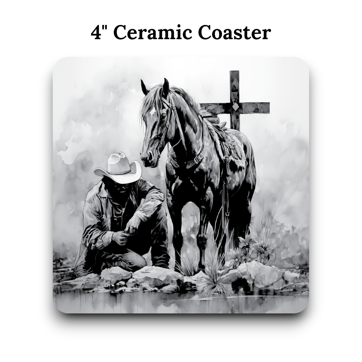 Cowboy Prayer Ceramic Coaster - UV Printed 4" Kneeling Cowboy with Horse, Cross & Pond Western Design