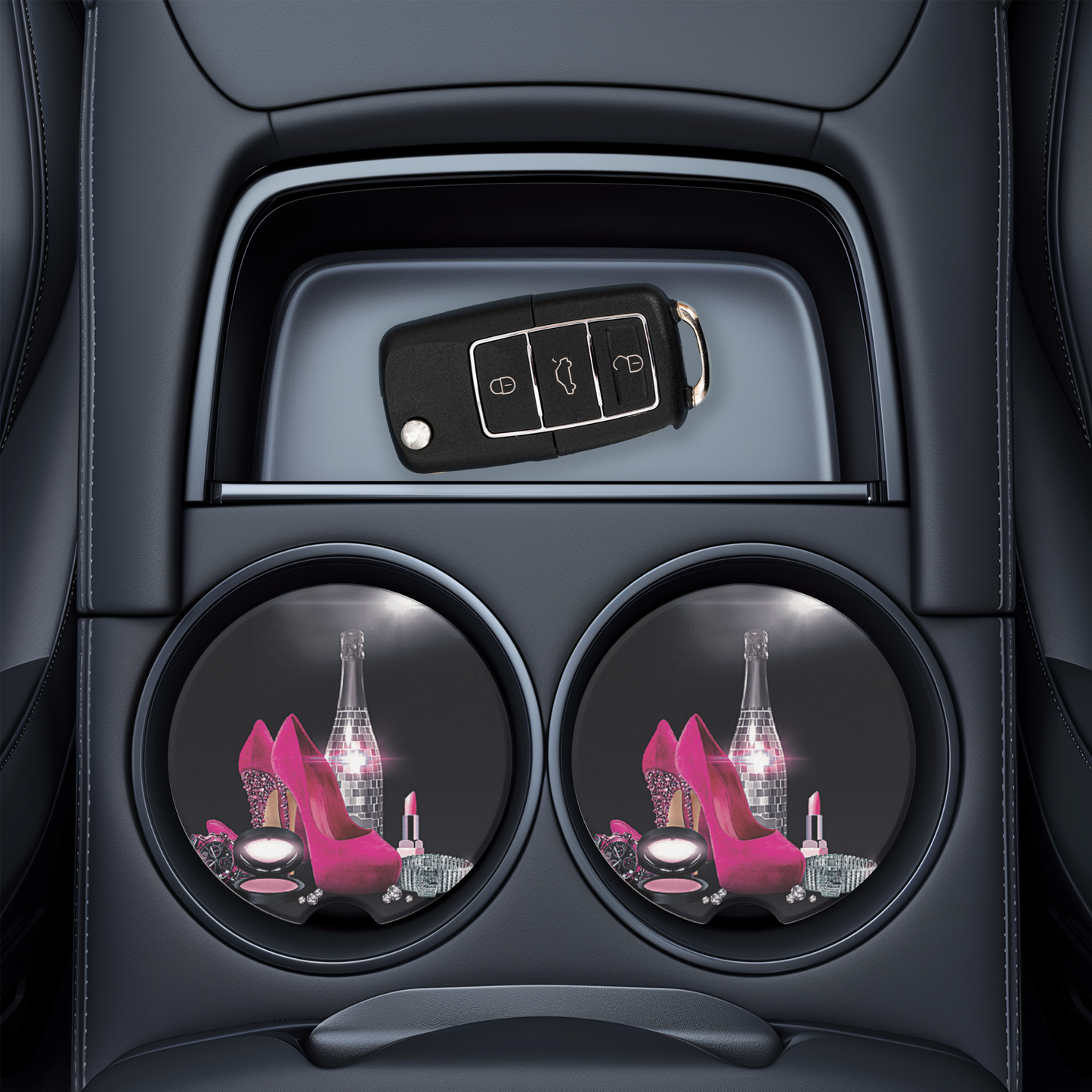 Luxury Pink Fashion UV Printed Ceramic Car Coaster - High Heel, Lipstick & Champagne Design