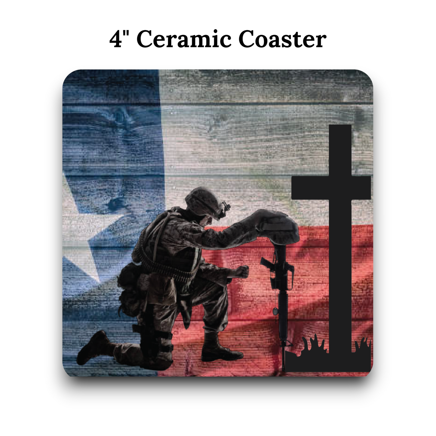 Texas Flag UV Printed 4" Ceramic Coasters - Lone Star Flag, Praying Cowboy & Kneeling Cowboy Cross Designs