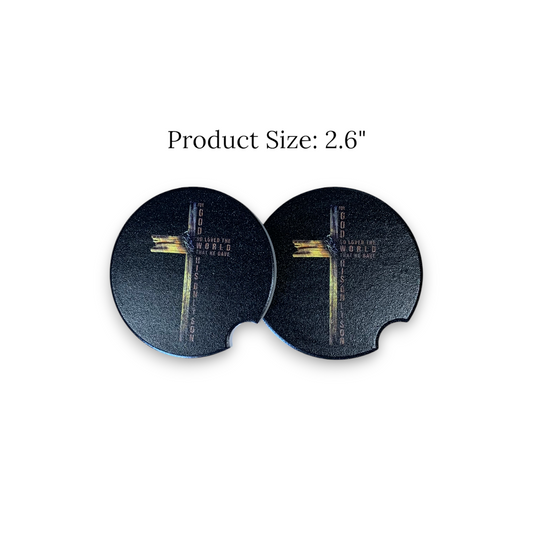 Wooden Cross UV Printed Ceramic Car Coaster - Scripture Design on Black Background