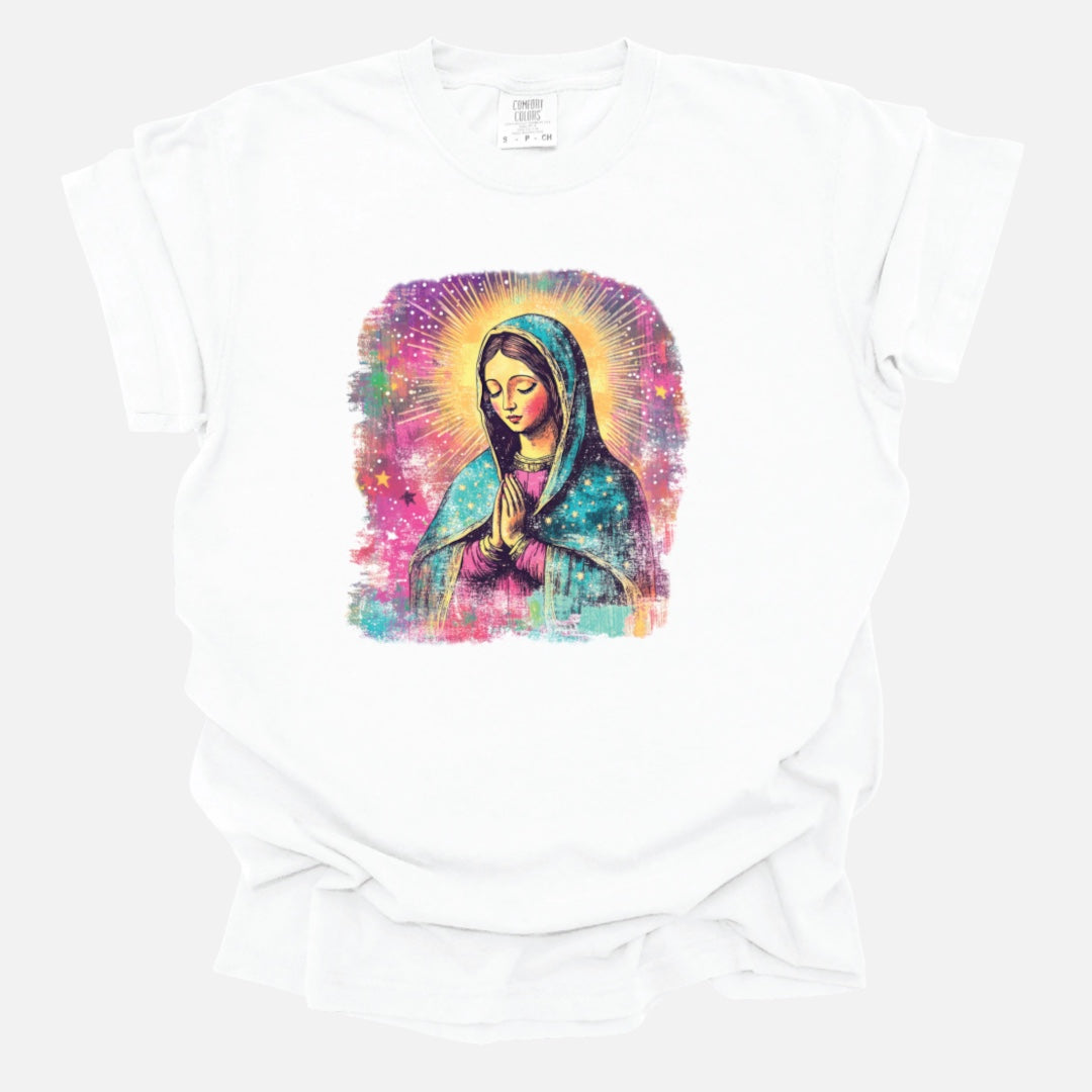 Virgin Mary Christian T-Shirt – Catholic Faith Marian Religious Shirt | White Comfort Colors