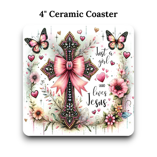 Bedazzled Cross UV Printed 4" Ceramic Coaster - Christian Faith Coaster with Pink Bows, Butterflies & Flowers | "Just a Girl Who Loves Jesus"