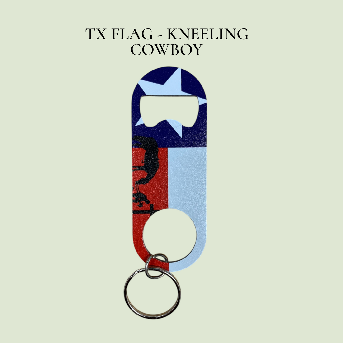 Lone Star Pride UV Printed Metal Keychain Opener - Texas Flag & Kneeling Cowboy