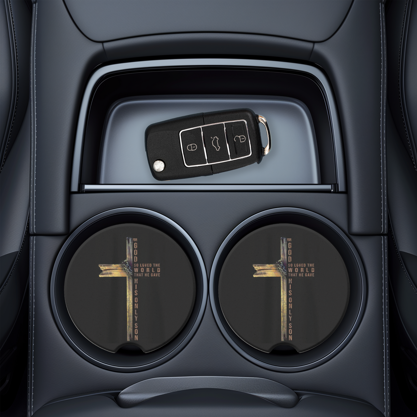 Wooden Cross UV Printed Ceramic Car Coaster - Scripture Design on Black Background