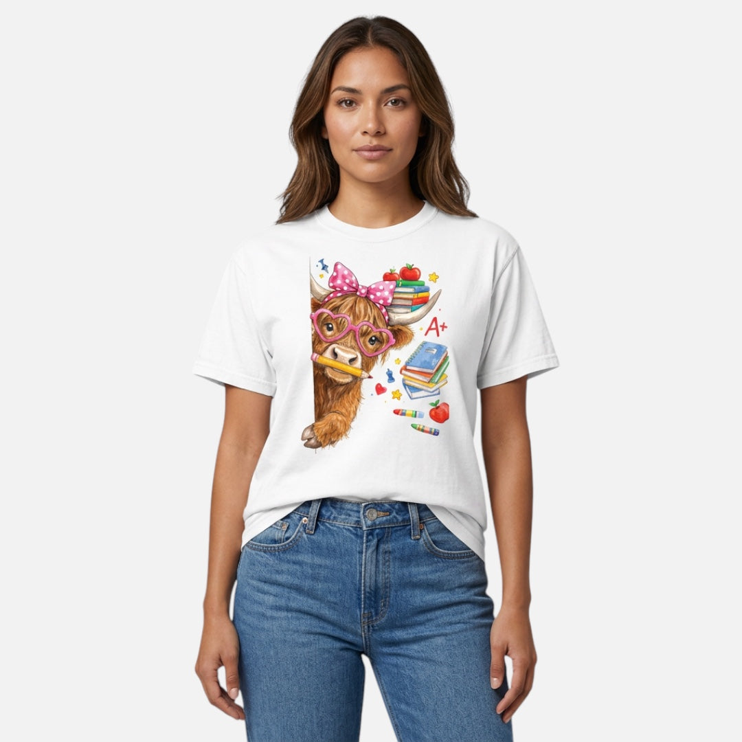 Highland Cow Teacher Shirt – Bookish Teacher T-Shirt, Reading Teacher & Educator Gift | White Comfort Colors