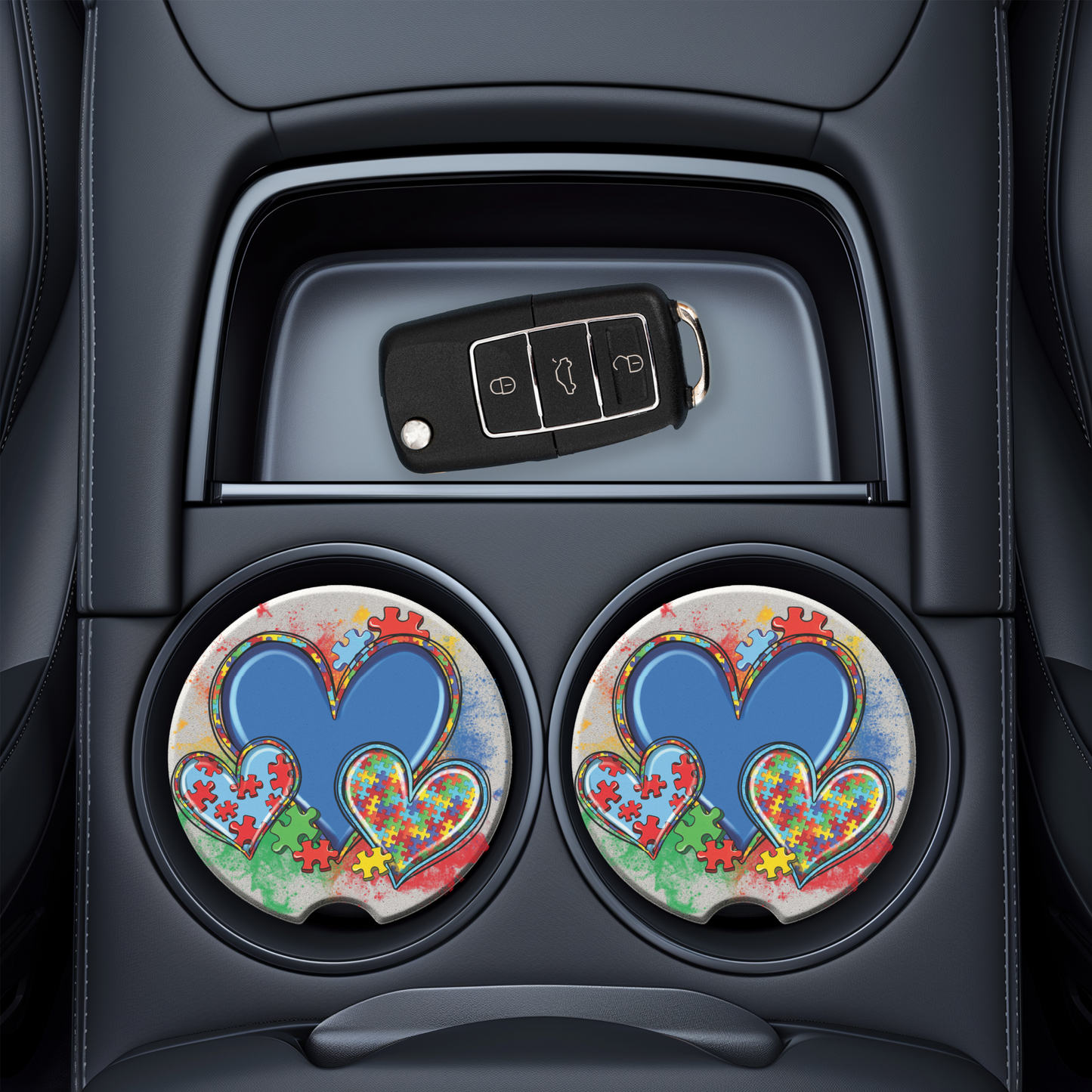 Autism Three Heart Car Coaster - UV Printed Ceramic Cup Holder with Colorful Puzzle Design