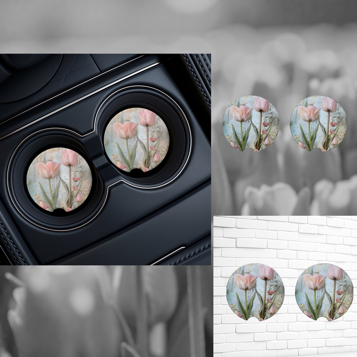 Pink Tulips Ceramic Car Coasters - UV Printed Floral Car Cup Holder Coaster Set
