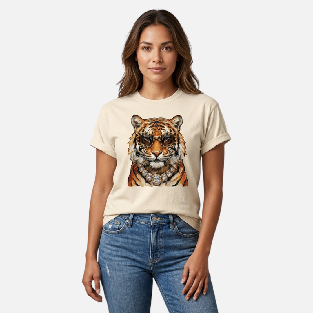 Glam Tiger Shirt – Fierce Tiger T-Shirt with Sunglasses & Diamond Necklace | Glam Graphic Tee for Animal Lovers | Ivory Comfort Colors
