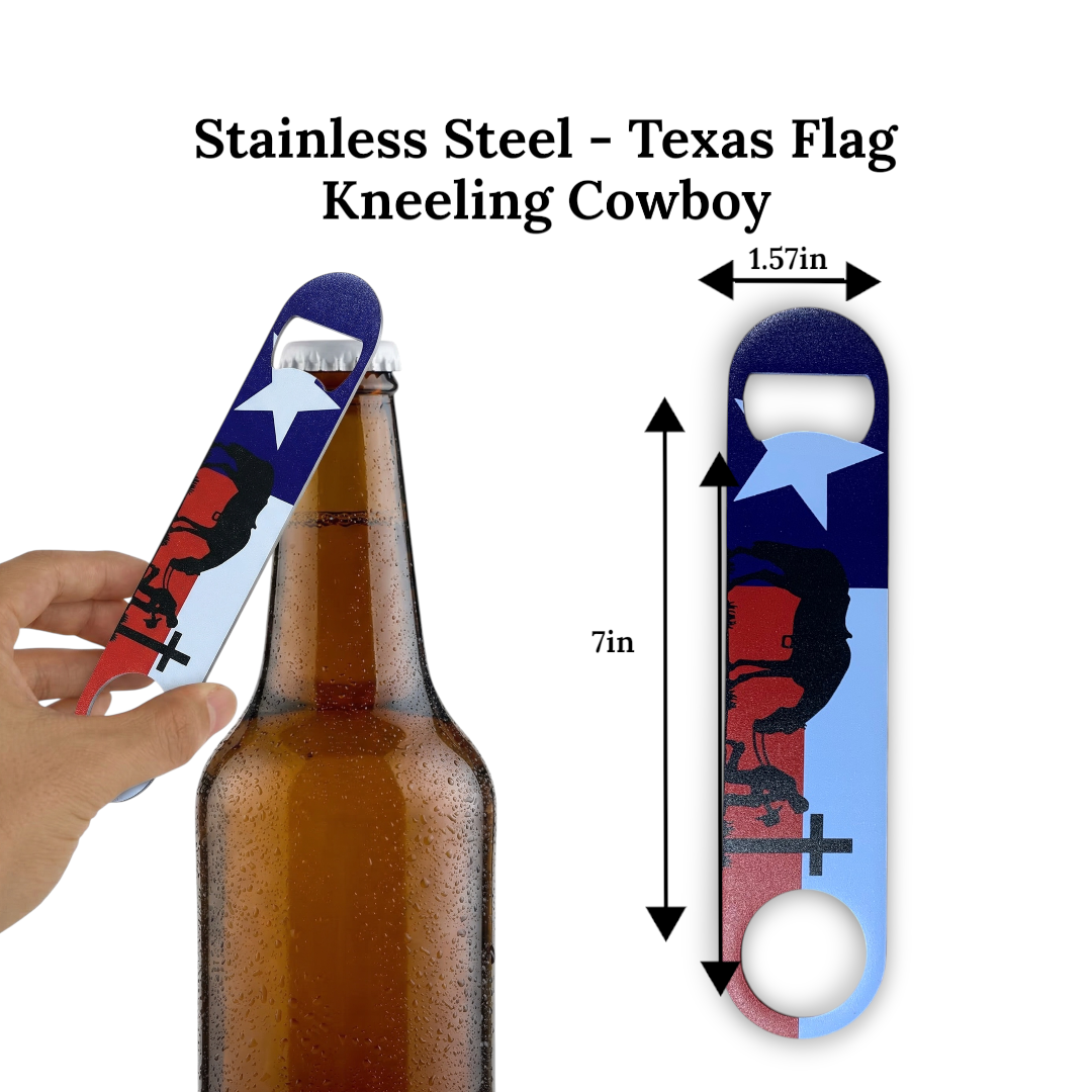 UV Printed 7" Stainless Steel Bottle Opener - Texas Flag Design | Texas Flag with Kneeling Cowboy, Horse & Cross