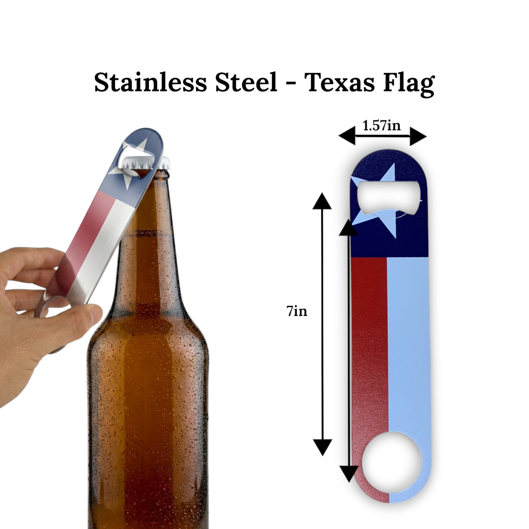 UV Printed 7" Stainless Steel Bottle Opener - Texas Flag Design | Texas Flag with Kneeling Cowboy, Horse & Cross