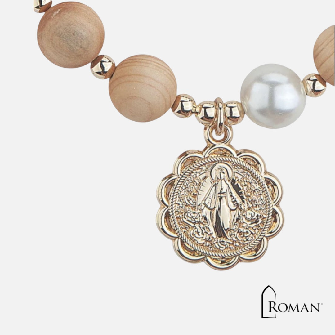 Roman Rosary Bracelet – Natural Wood Beads & Virgin Mary Medallion