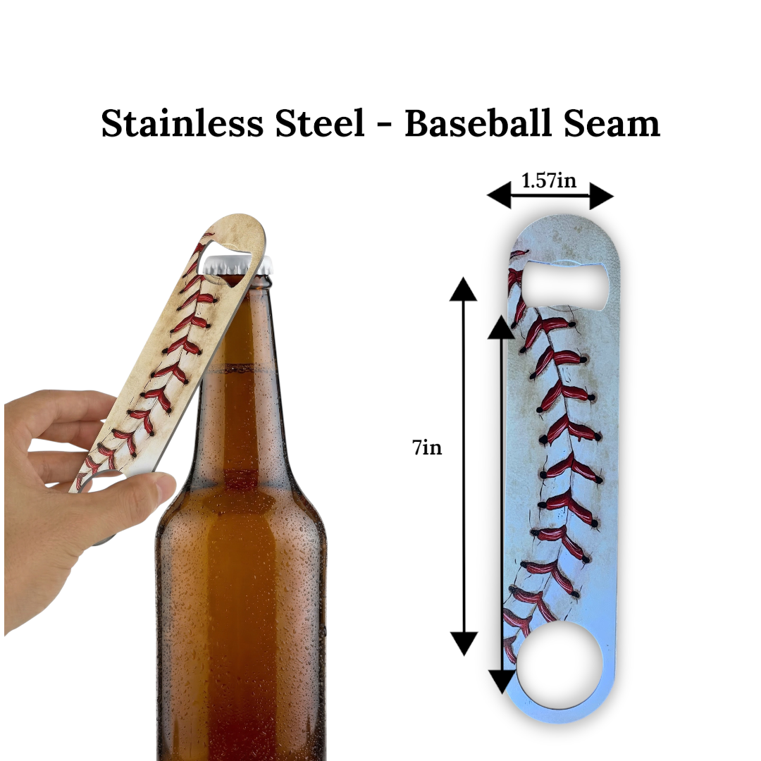 UV Printed 7" Stainless Steel Bottle Opener - Baseball Seam Design | Durable Bar Tool for Baseball Fans