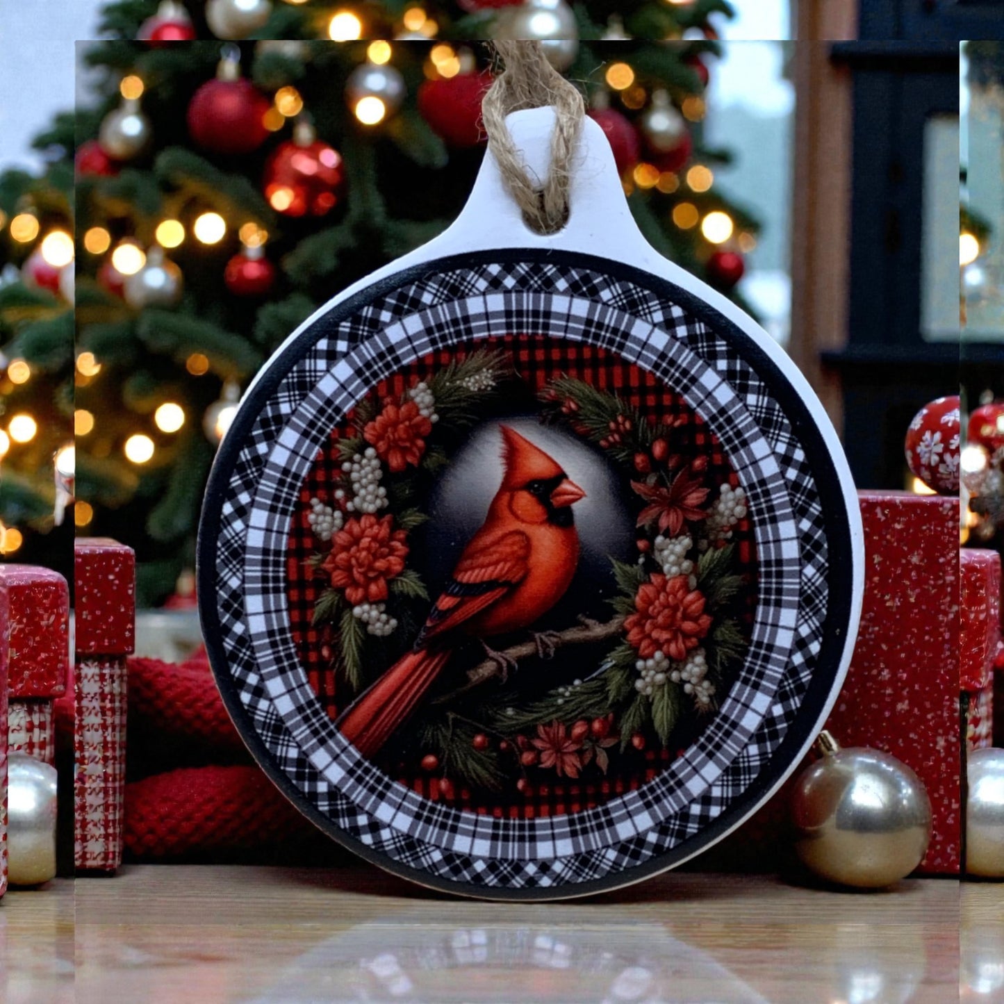 3" Cardinal Ornament Black & White Edge