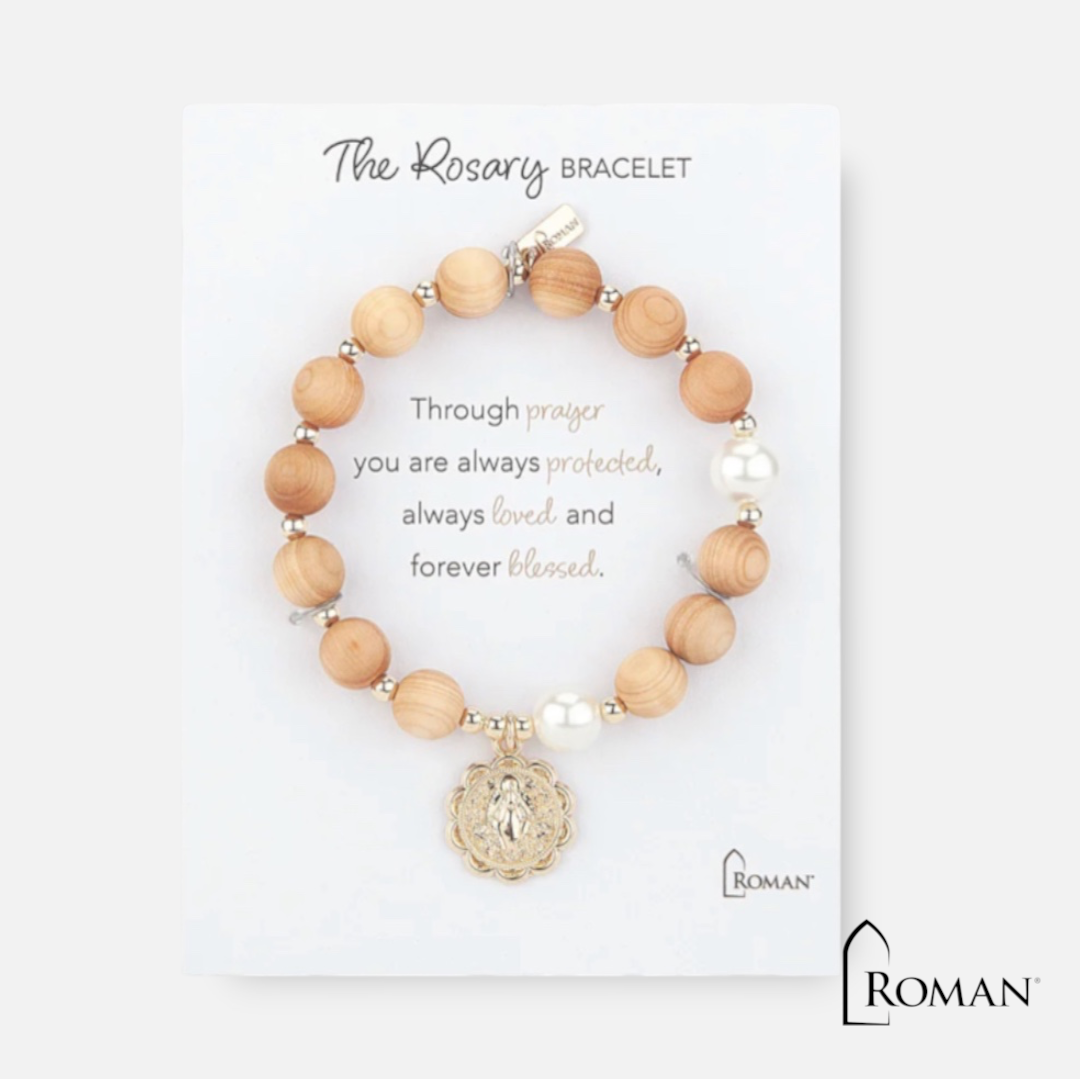 Roman Rosary Bracelet – Natural Wood Beads & Virgin Mary Medallion