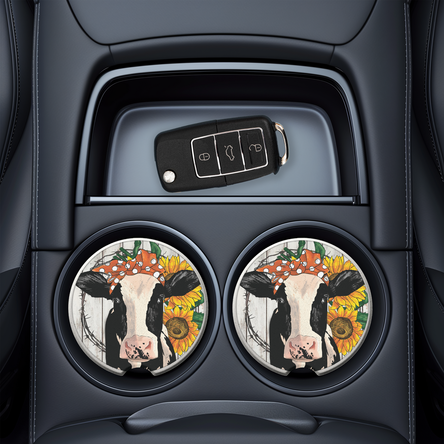 Cow Car Coaster - UV Printed Ceramic Cup Holder Coaster with Red Bow