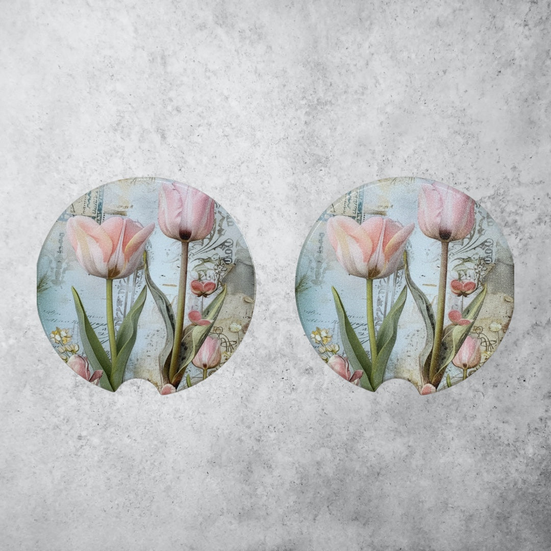 Pink Tulips Ceramic Car Coasters - UV Printed Floral Car Cup Holder Coaster Set