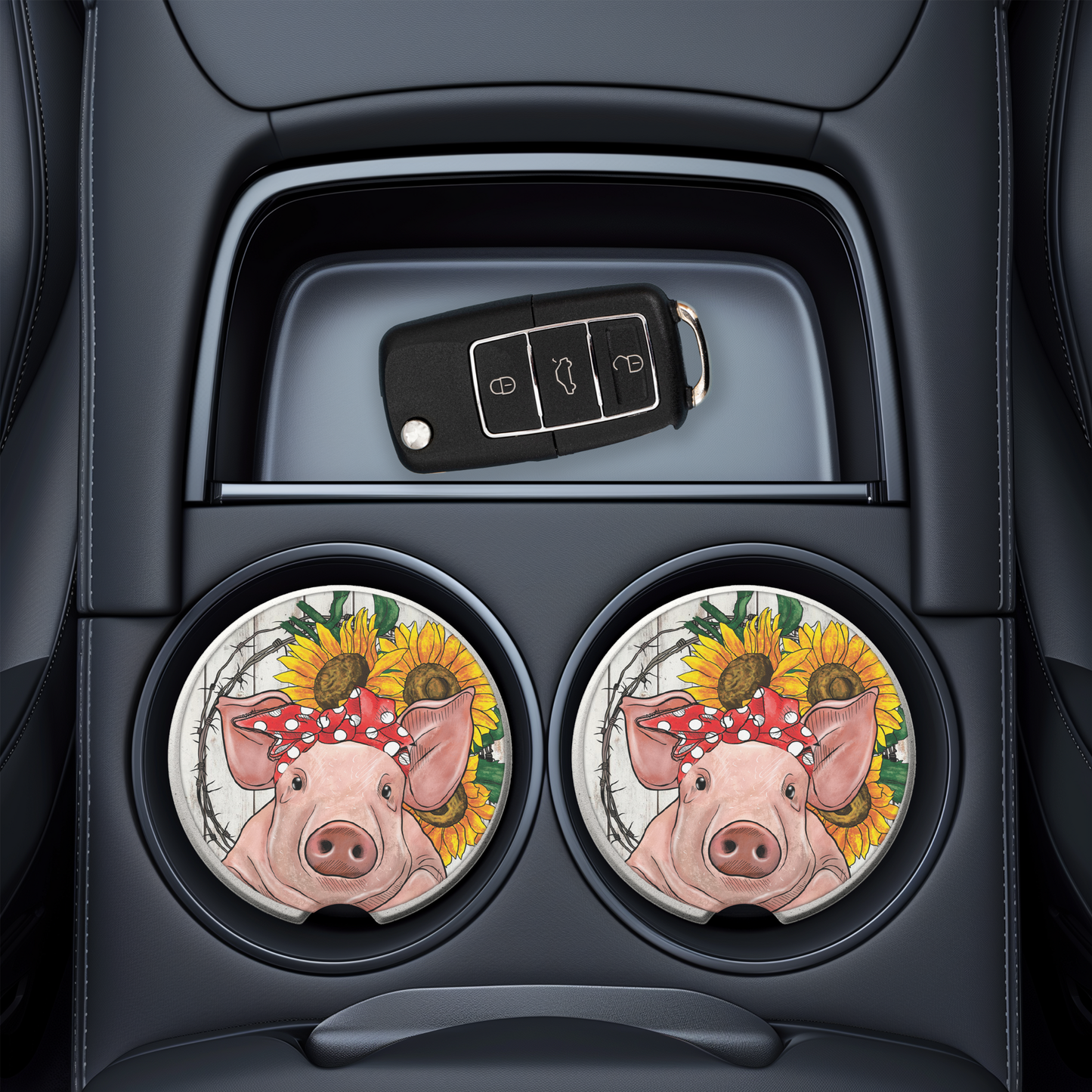 Cute Pig Car Coasters - UV Printed Ceramic Cup Holder Coaster with Red Bow/Sun Flower