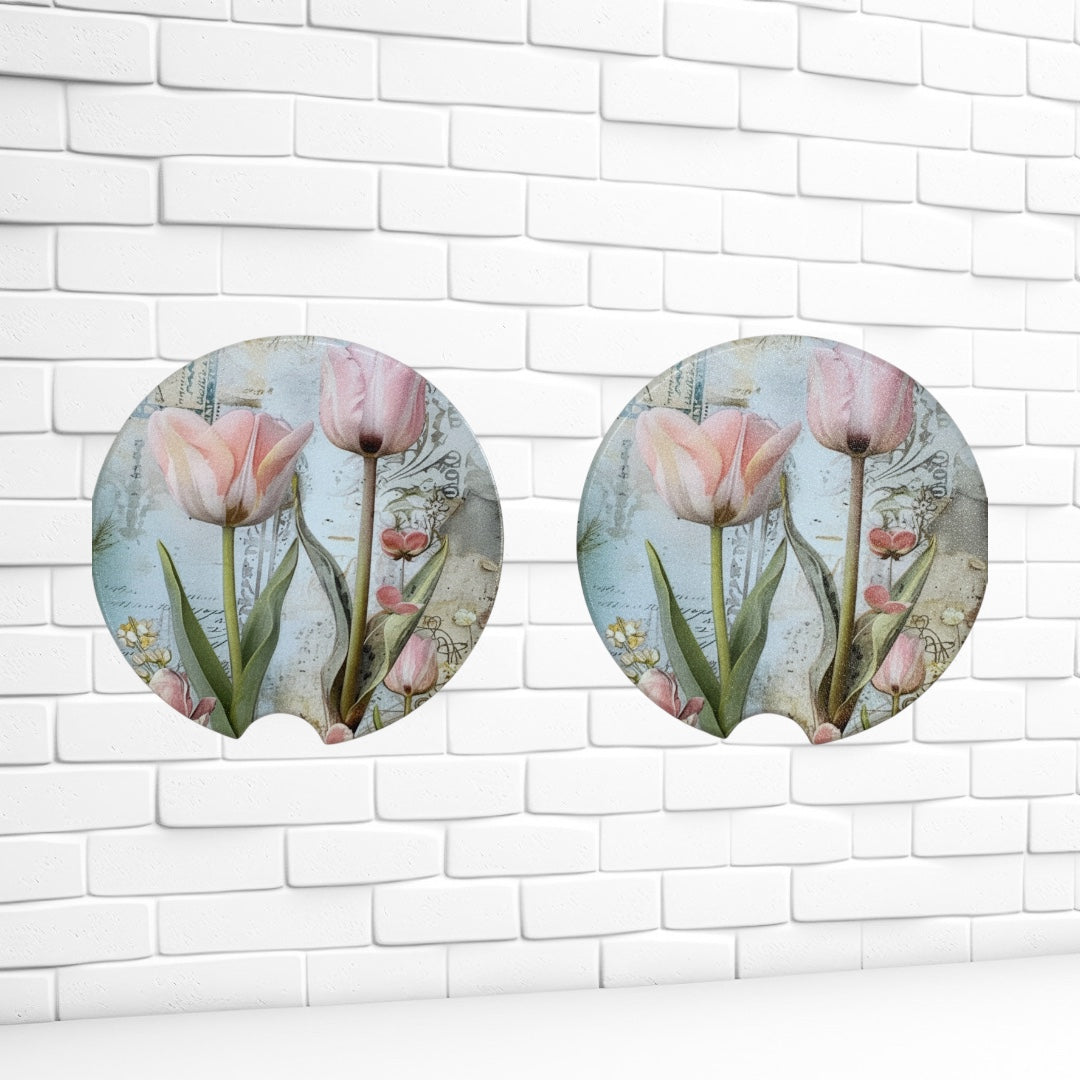 Pink Tulips Ceramic Car Coasters - UV Printed Floral Car Cup Holder Coaster Set