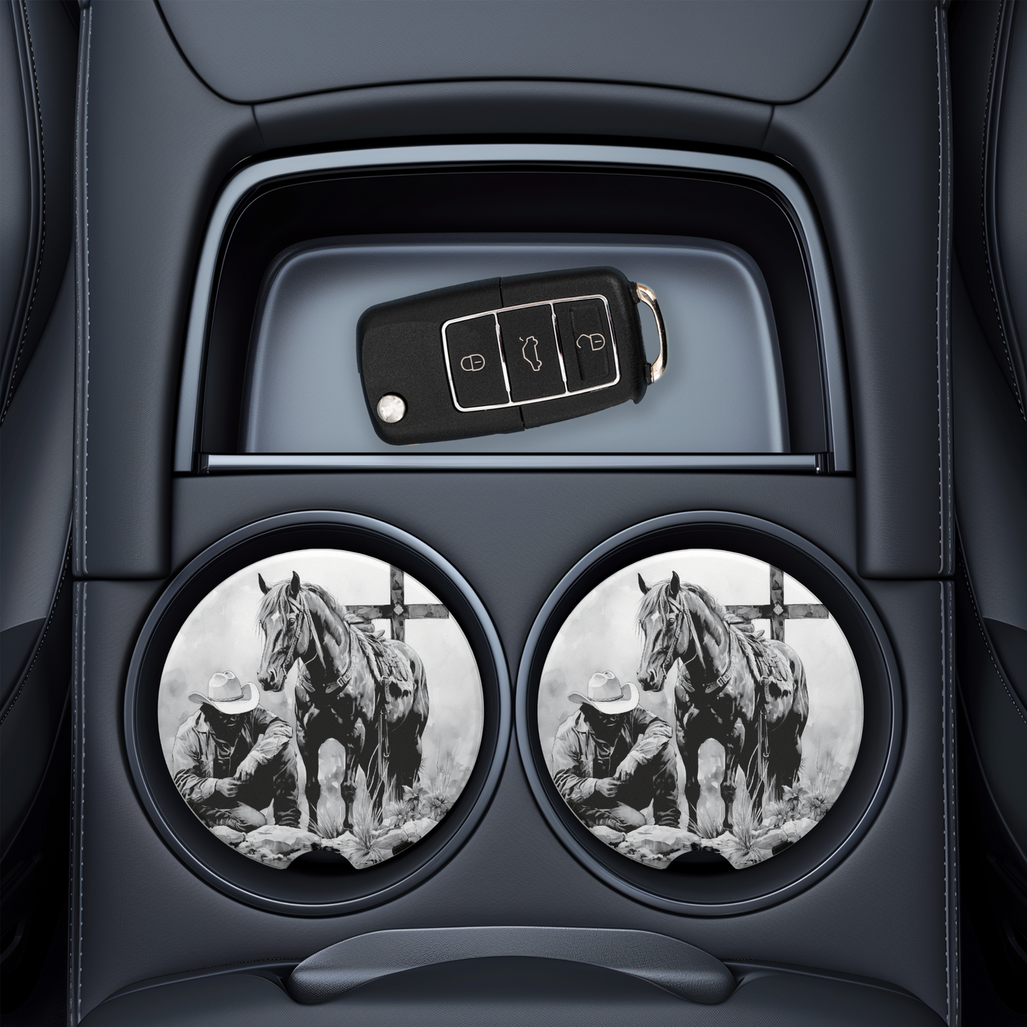 UV Printed Ceramic Coasters - Kneeling Cowboy with Horse & Cross | Color & Black and White