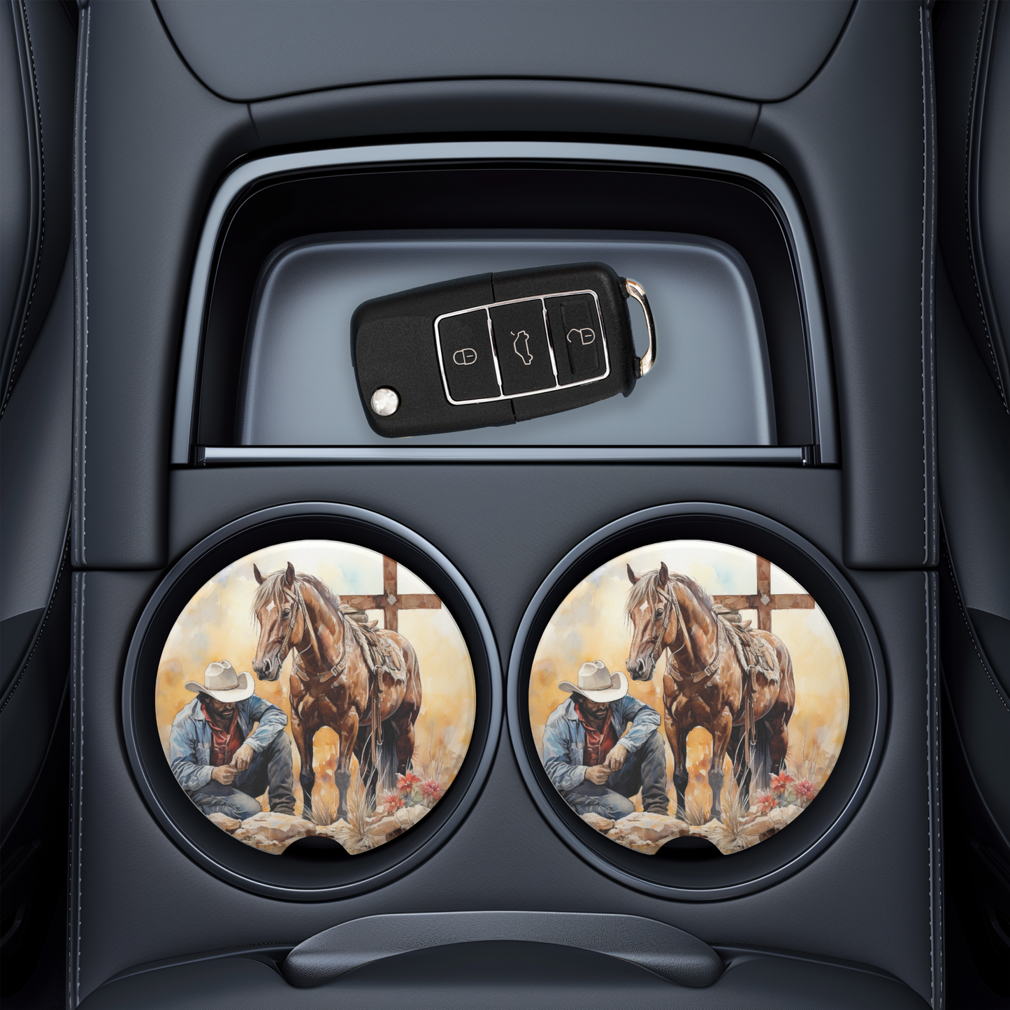UV Printed Ceramic Coasters - Kneeling Cowboy with Horse & Cross | Color & Black and White