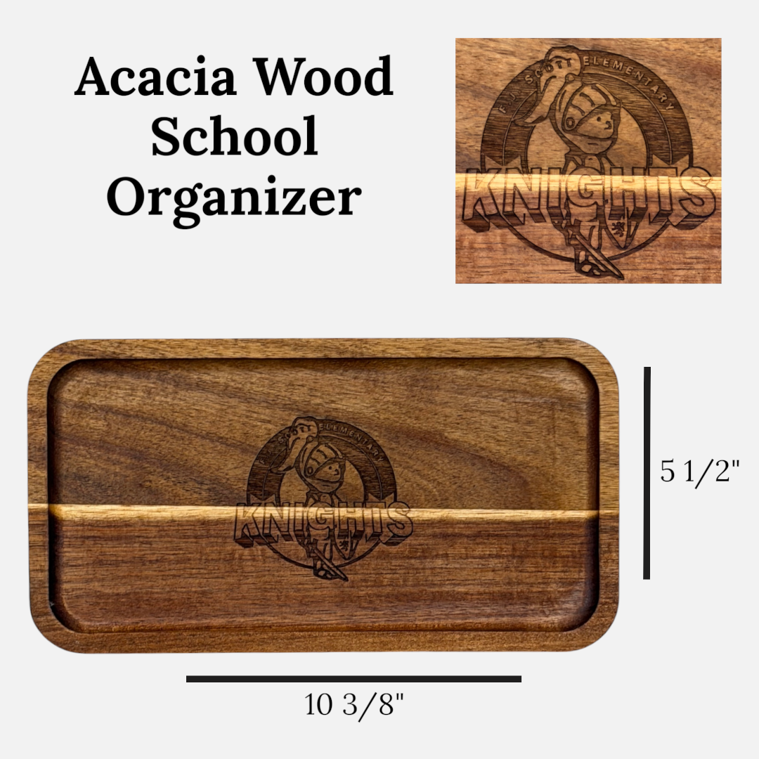 Acacia Wood Teacher Desk Organizer Tray with Engraved School Logo – Teacher Gift