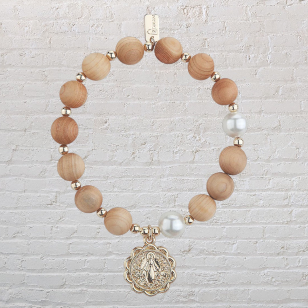 Rosary Bracelet with Natural Wood Beads & Gold Medallion - Catholic Prayer Jewelry