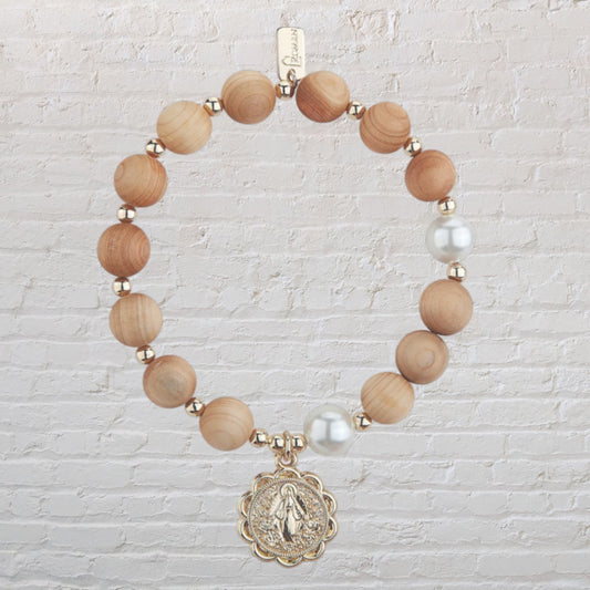 Rosary Bracelet with Natural Wood Beads & Gold Medallion - Catholic Prayer Jewelry