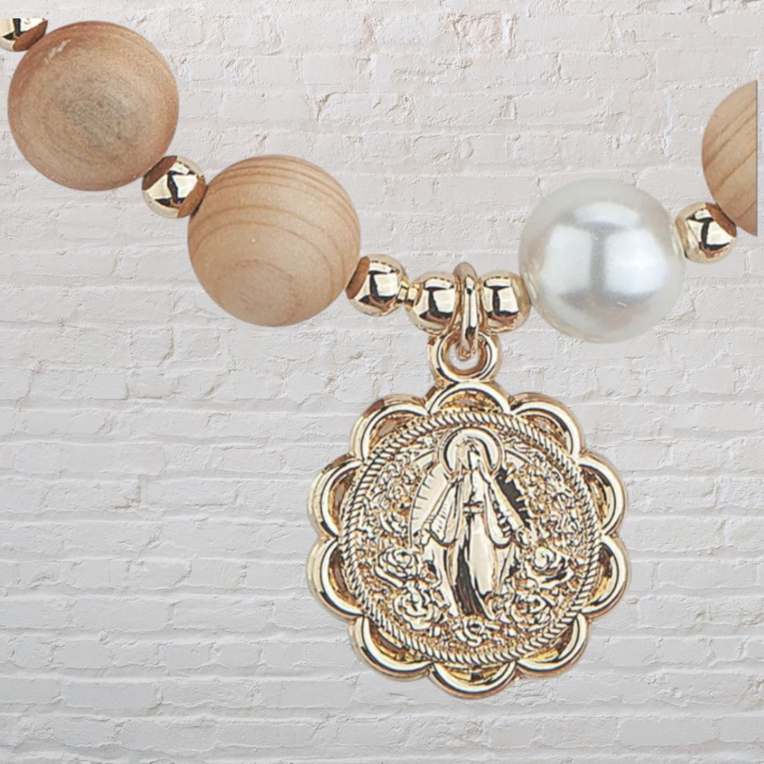 Rosary Bracelet with Natural Wood Beads & Gold Medallion - Catholic Prayer Jewelry