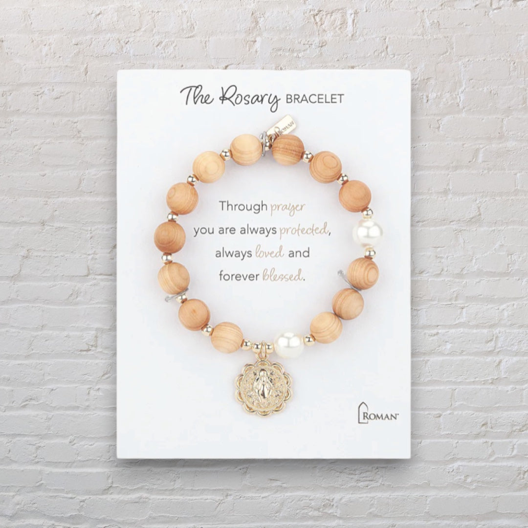 Rosary Bracelet with Natural Wood Beads & Gold Medallion - Catholic Prayer Jewelry