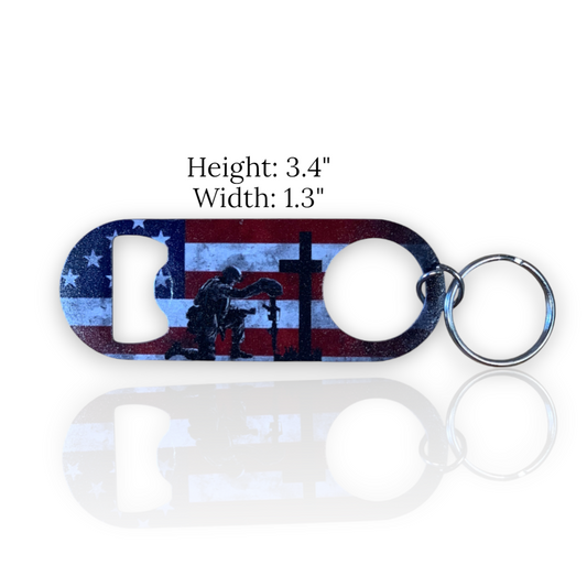 USA Flag Keychain Bottle Opener - Kneeling Soldier at Cross Patriotic Metal Key Ring