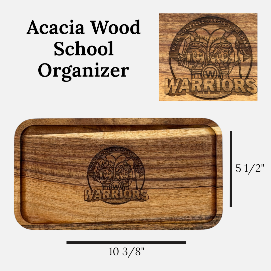 Acacia Wood Teacher Desk Organizer Tray with Engraved School Logo – Teacher Gift