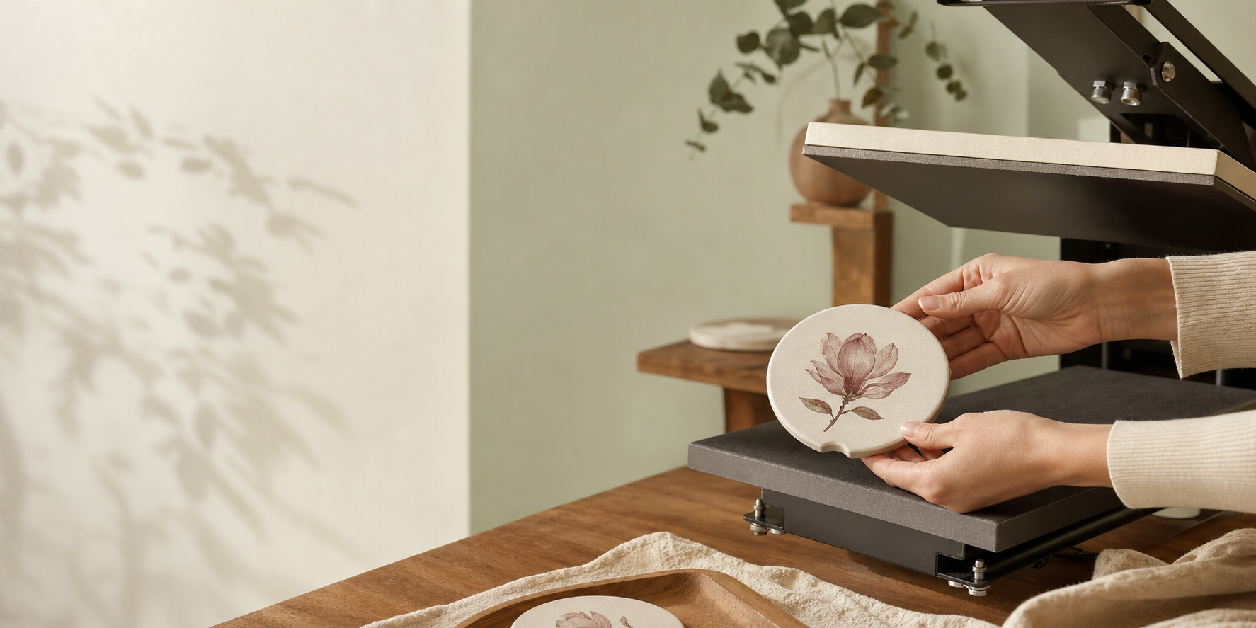 Hands lifting a freshly pressed magnolia ceramic coaster off a heat press in a sage-toned Kala Lilies studio