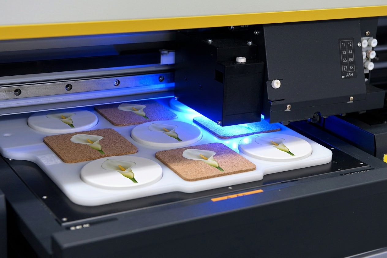 Mimaki UJF-6042 UV printer printing calla lily coasters